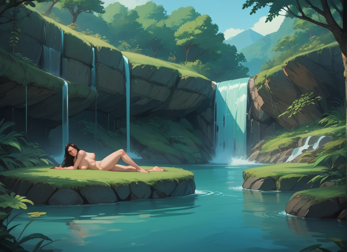 1girl, nude, breasts, water, solo, waterfall · Yamete.gg