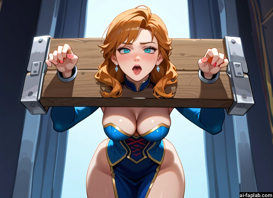1girl, breasts, jewelry, pillory, earrings, cleavage · Yamete.gg