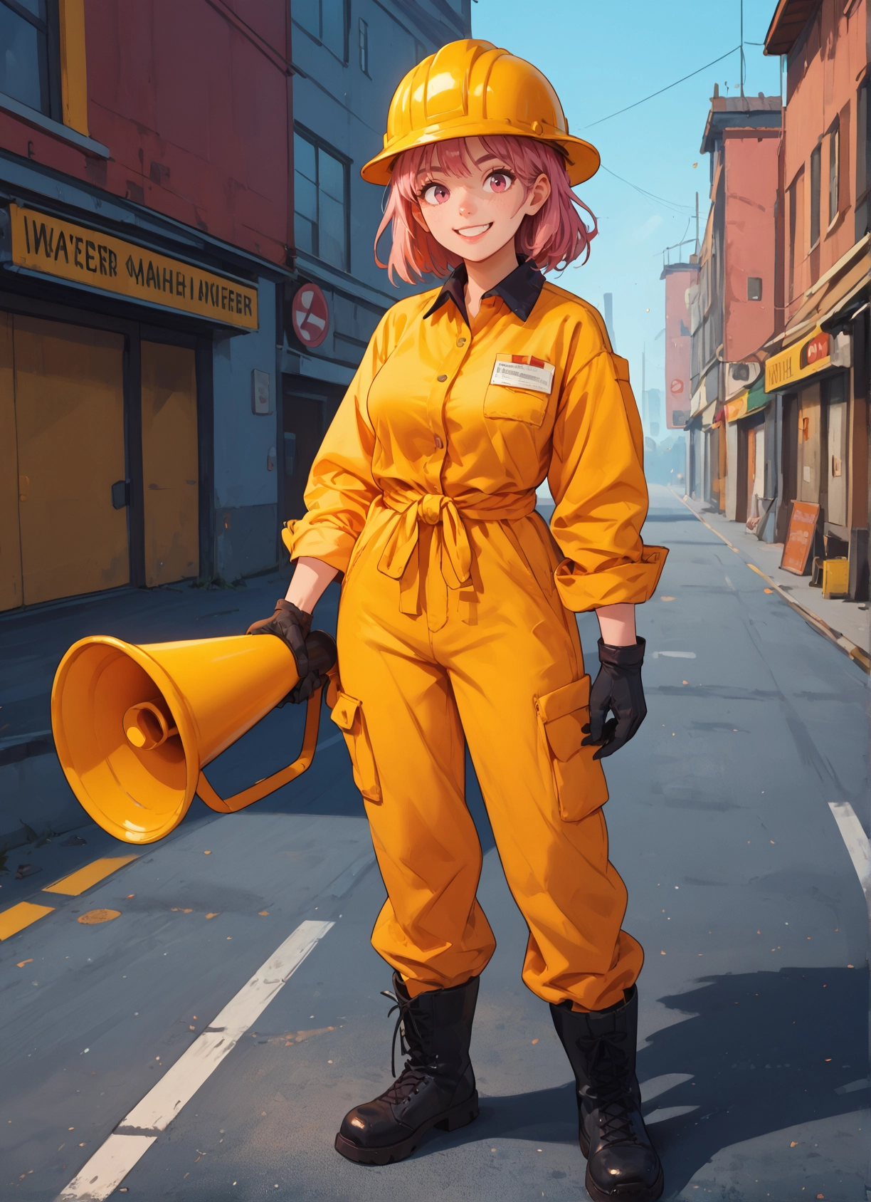 1girl, gloves, solo, smile, boots, pink hair · Yamete.gg