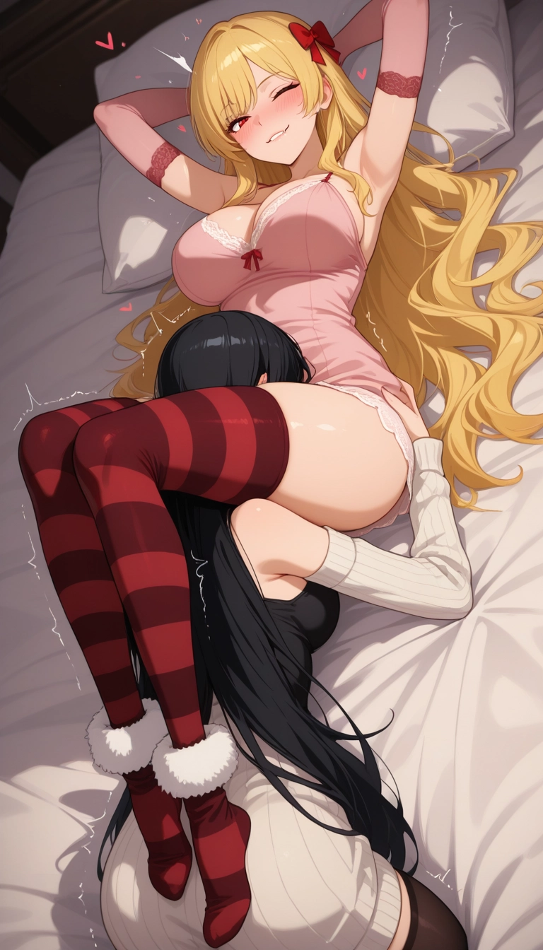 thighhighs, breasts, multiple girls, blonde hair, large breasts, black hair