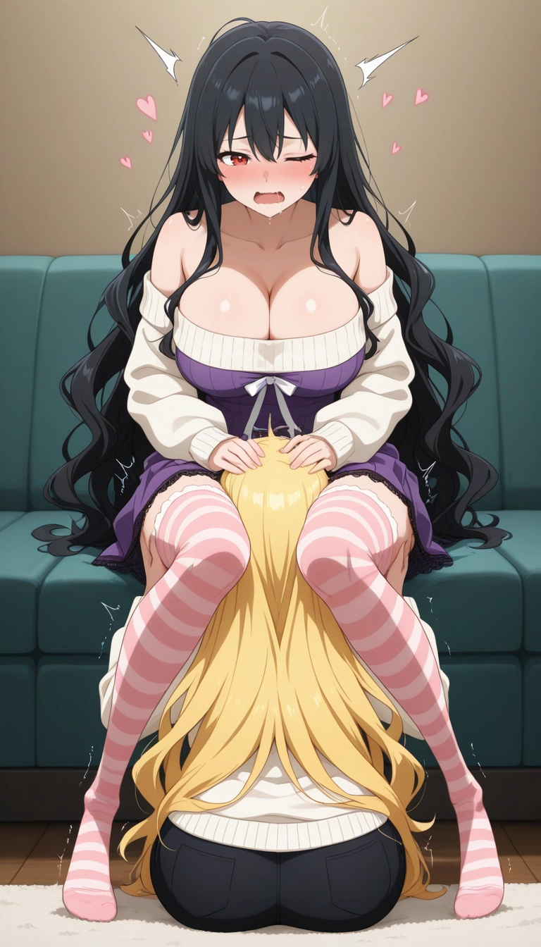 oral, 2girls, multiple girls, thighhighs, long hair, black hair
