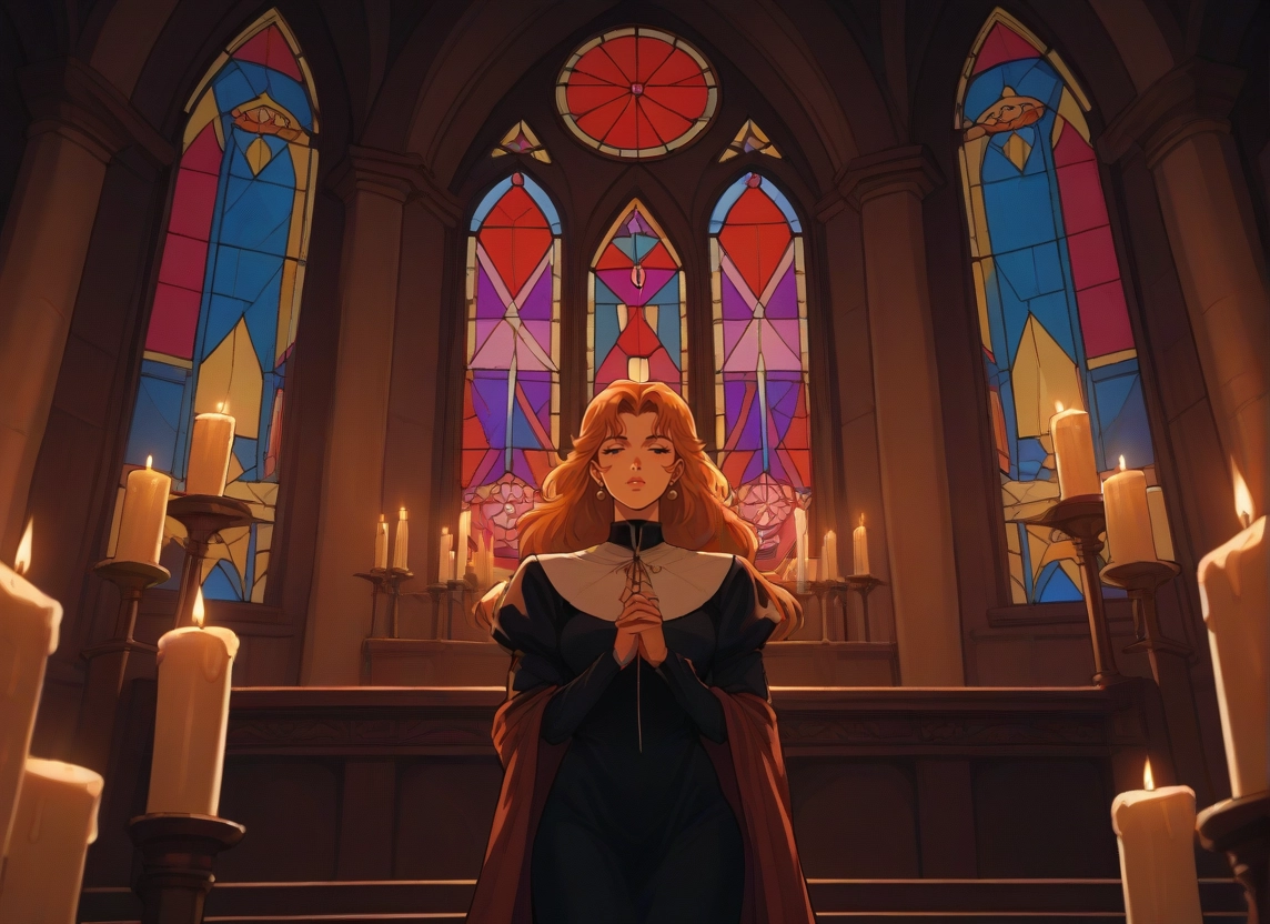 1girl, jewelry, candle, stained glass, earrings, solo · Yamete.gg