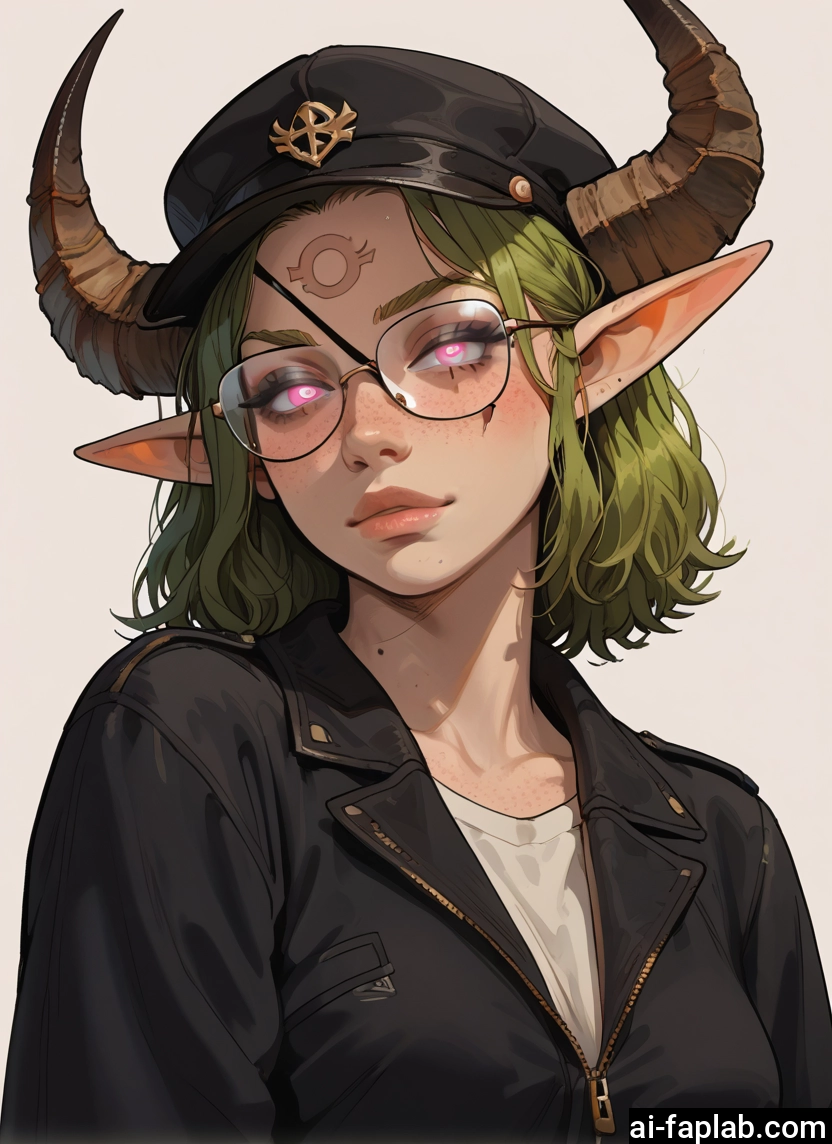 1girl, solo, horns, pointy ears, hat, glasses · Yamete.gg