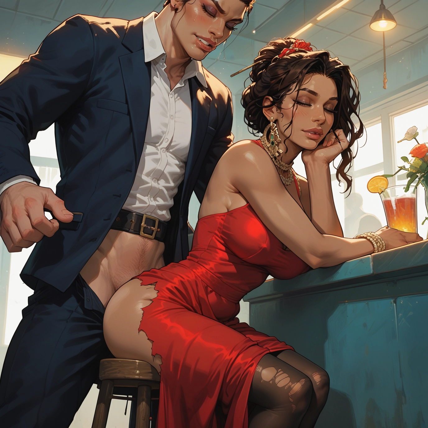 1girl, 1boy, dress, jewelry, torn clothes, red dress · Yamete.gg