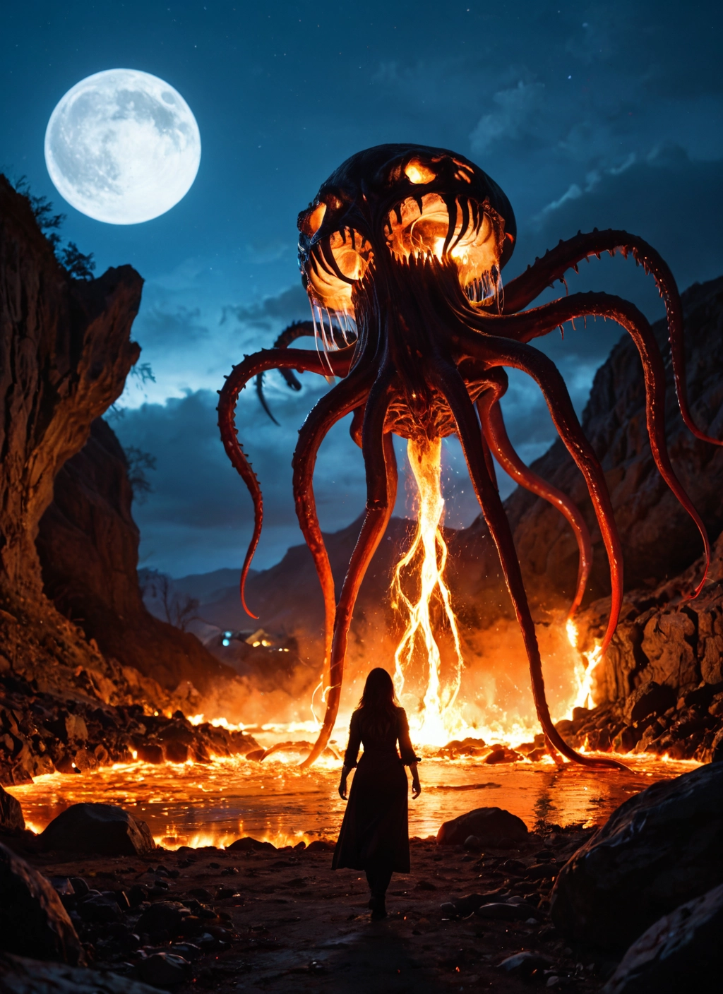 moon, night, full moon, tentacles, sky, fire · Yamete.gg