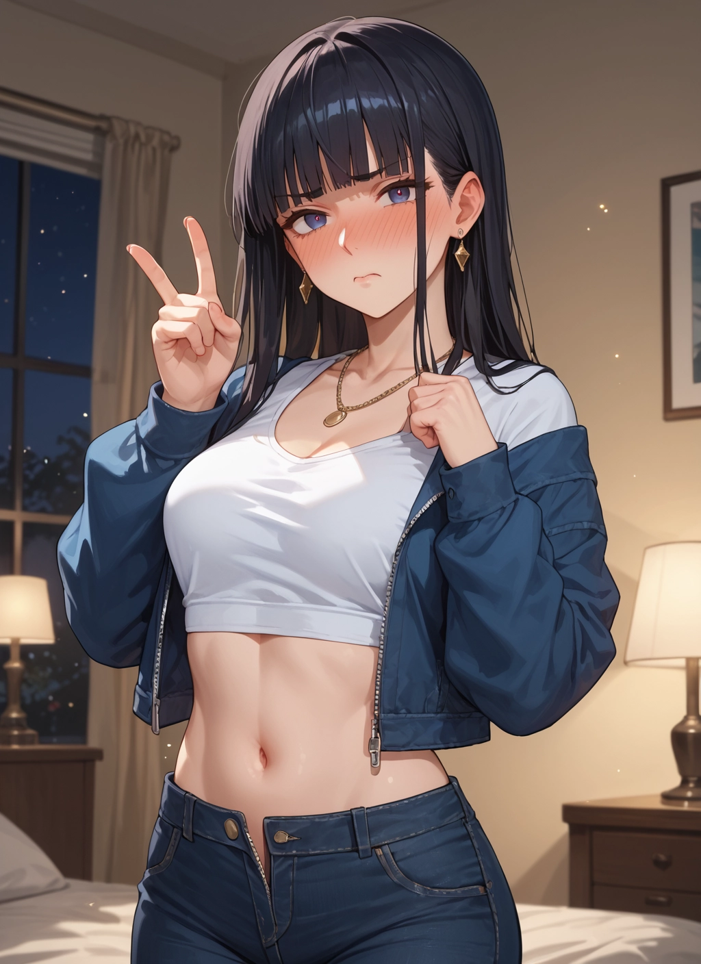 1girl, breasts, navel, solo, jewelry, v · Yamete.gg
