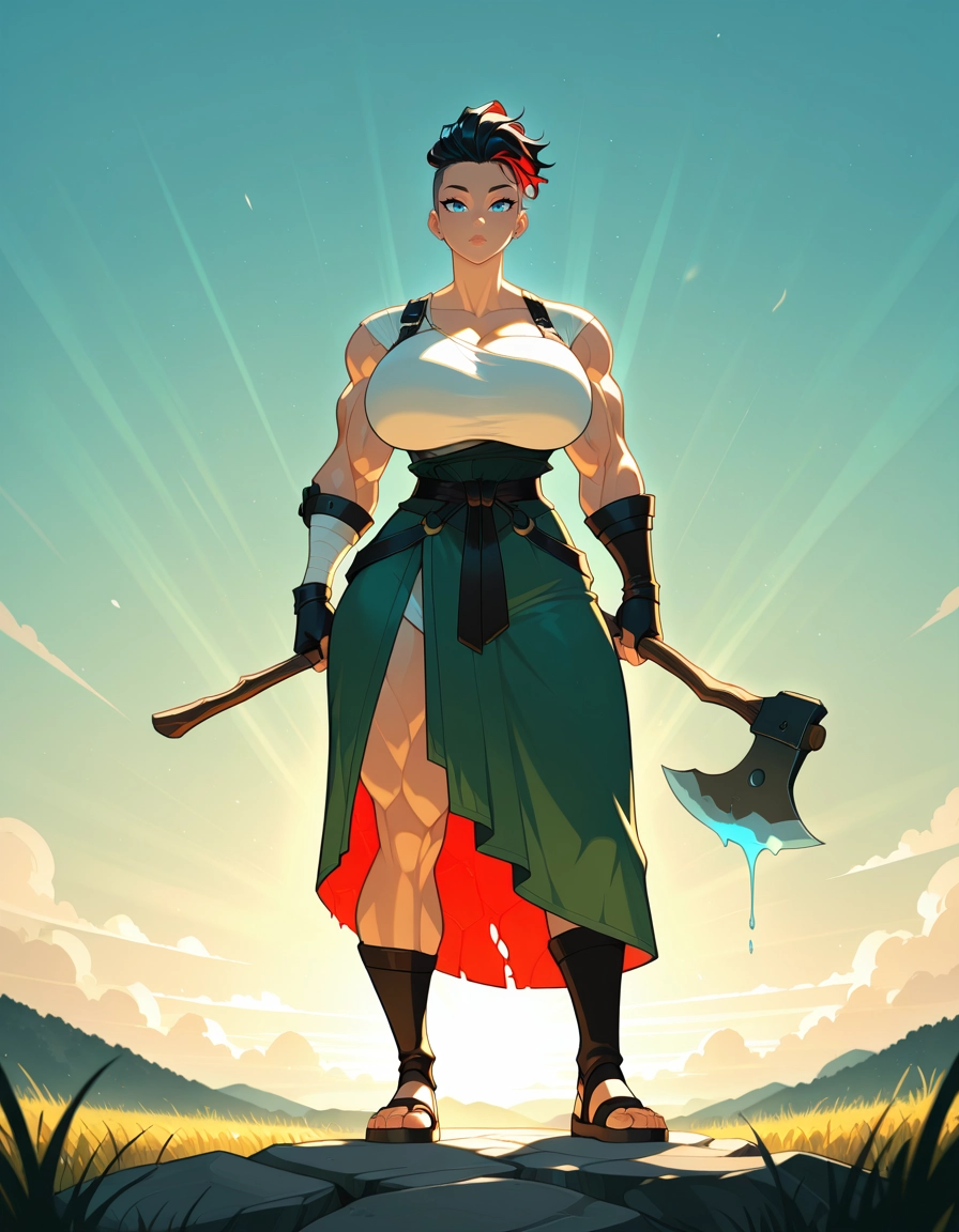 1girl, axe, breasts, muscular female, muscular, holding axe · Yamete.gg