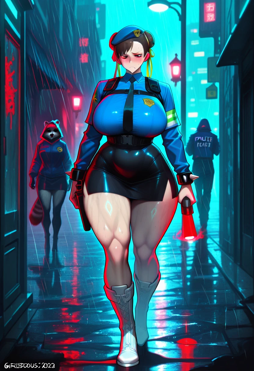 chun-li, police, thick thighs, police uniform, breasts, weapon · Yamete.gg
