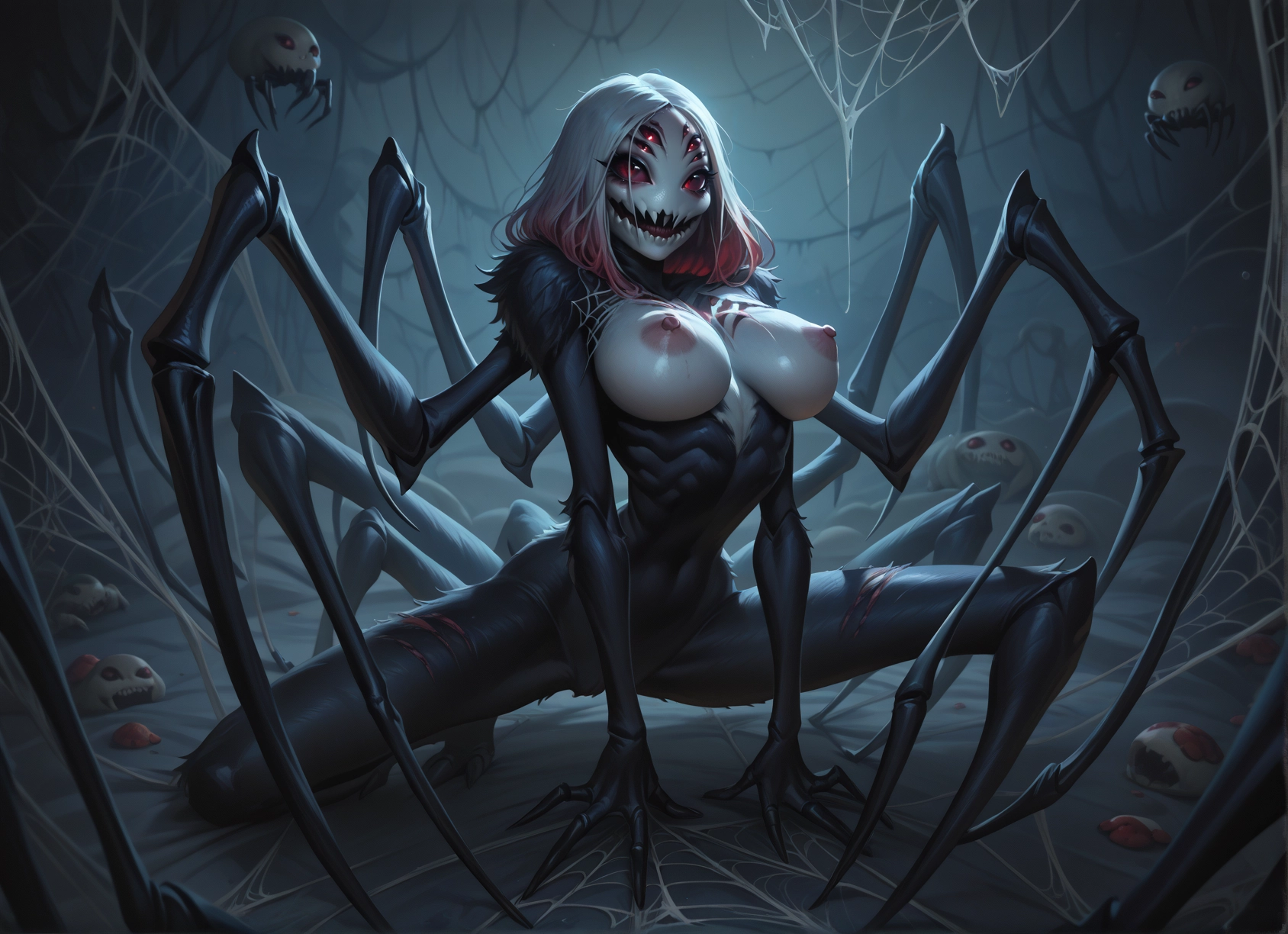 1girl, breasts, nipples, arthropod girl, monster girl, silk · Yamete.gg