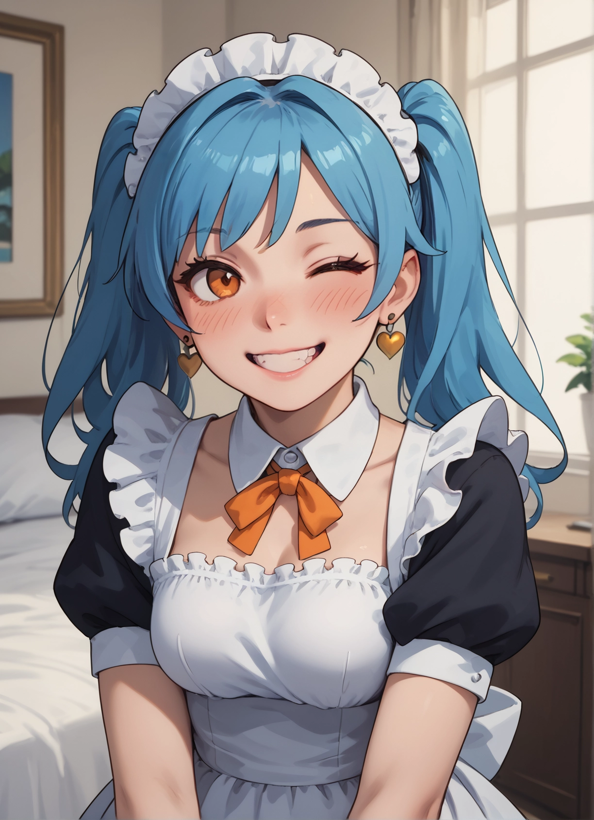 1girl, smile, one eye closed, twintails, maid, jewelry · Yamete.gg