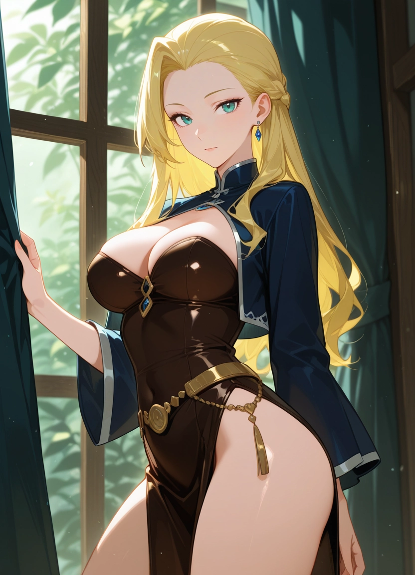 breasts, blonde hair, 1girl, earrings, long hair, jewelry · Yamete.gg