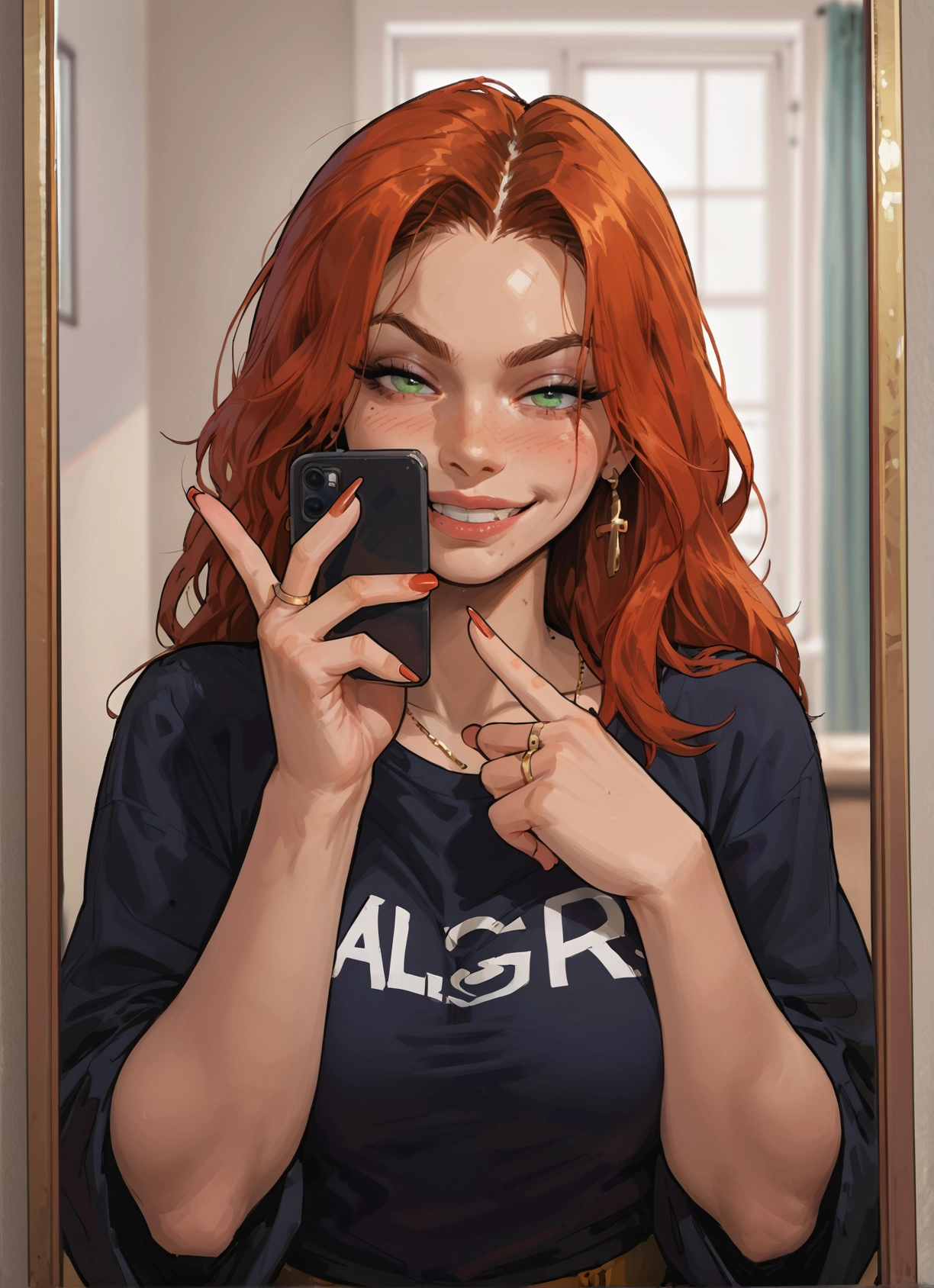 1girl, jewelry, phone, green eyes, solo, earrings · Yamete.gg