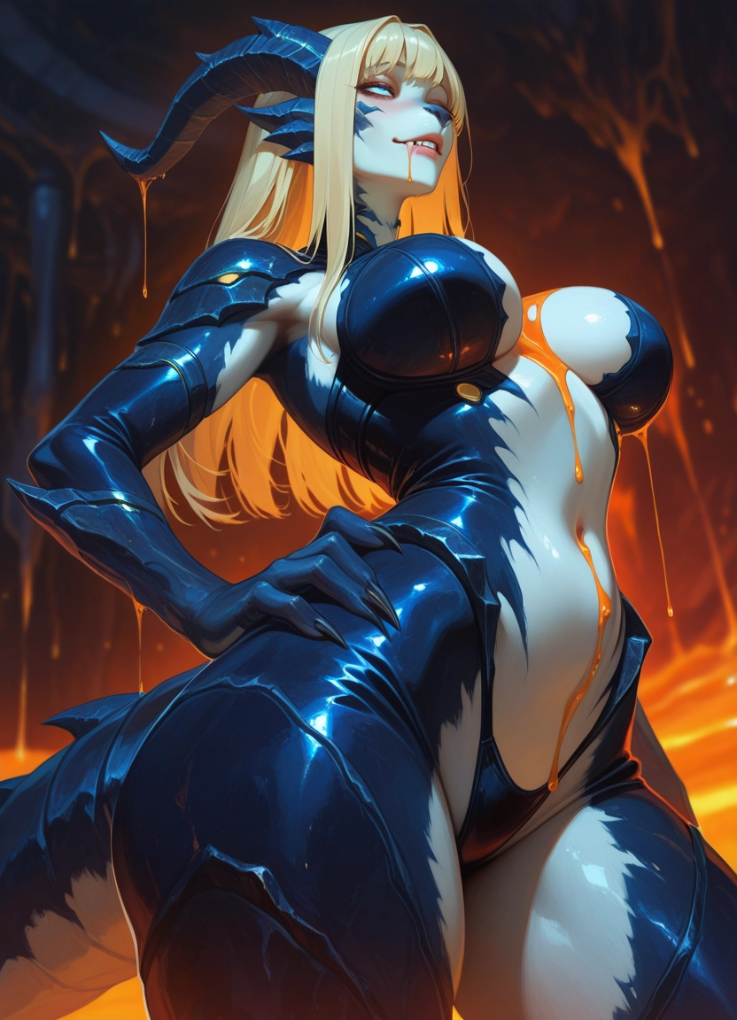1girl, breasts, horns, solo, tail, blonde hair · Yamete.gg