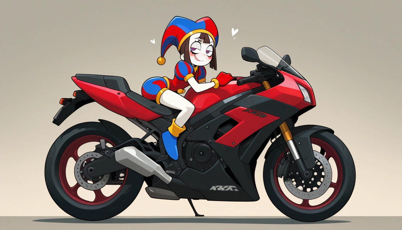ground vehicle, 1girl, motor vehicle, jester cap, motorcycle, heart