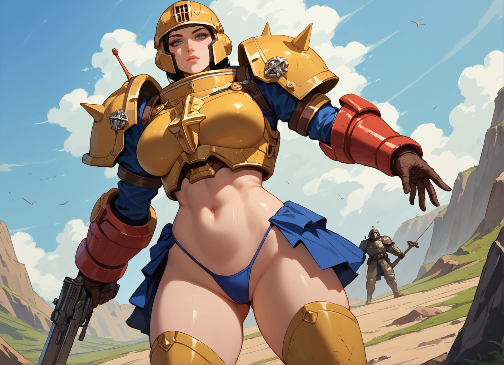 1girl, weapon, armor, gun, navel, helmet · Yamete.gg