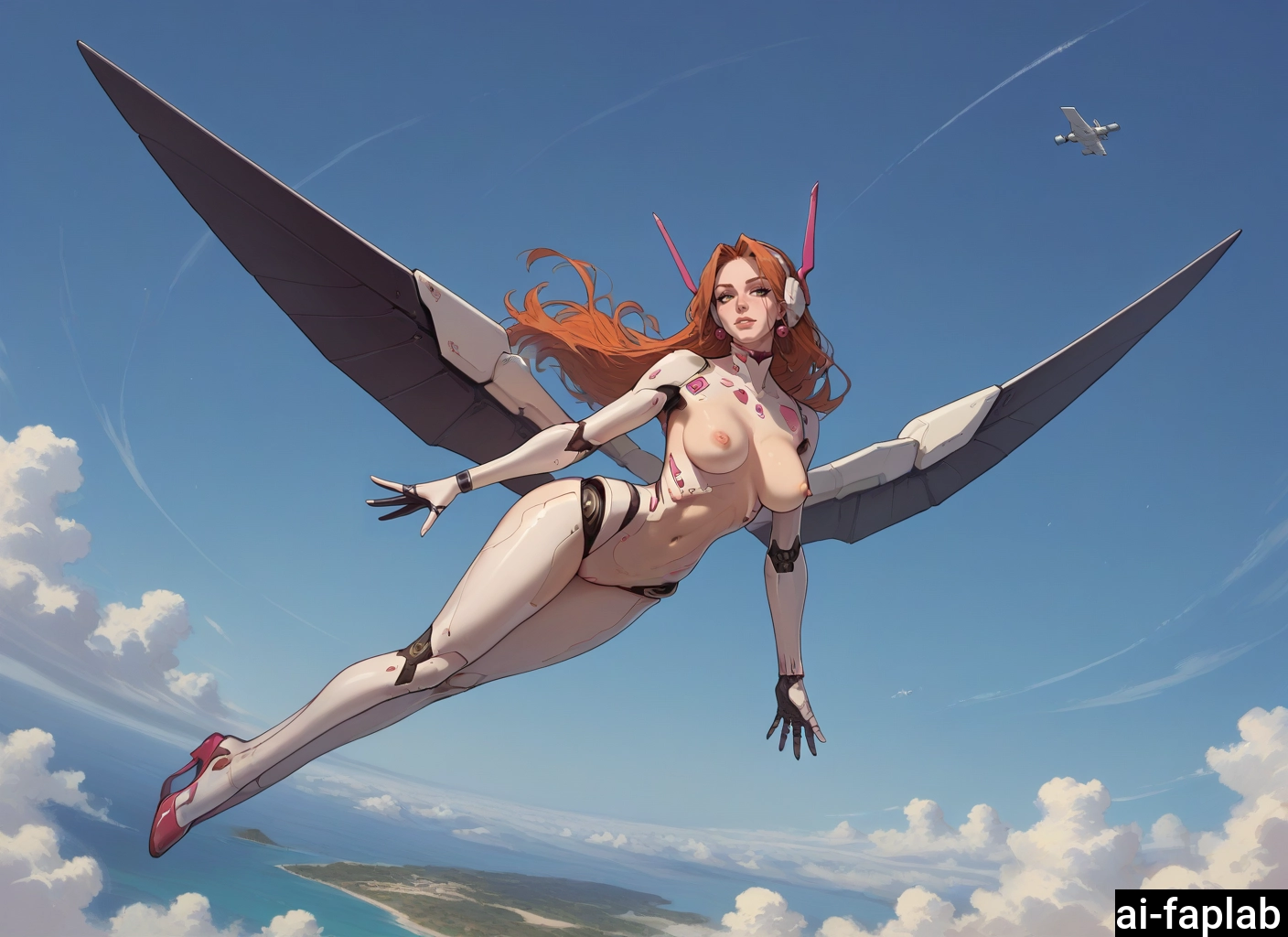 1girl, breasts, solo, flying, nipples, sky · Yamete.gg