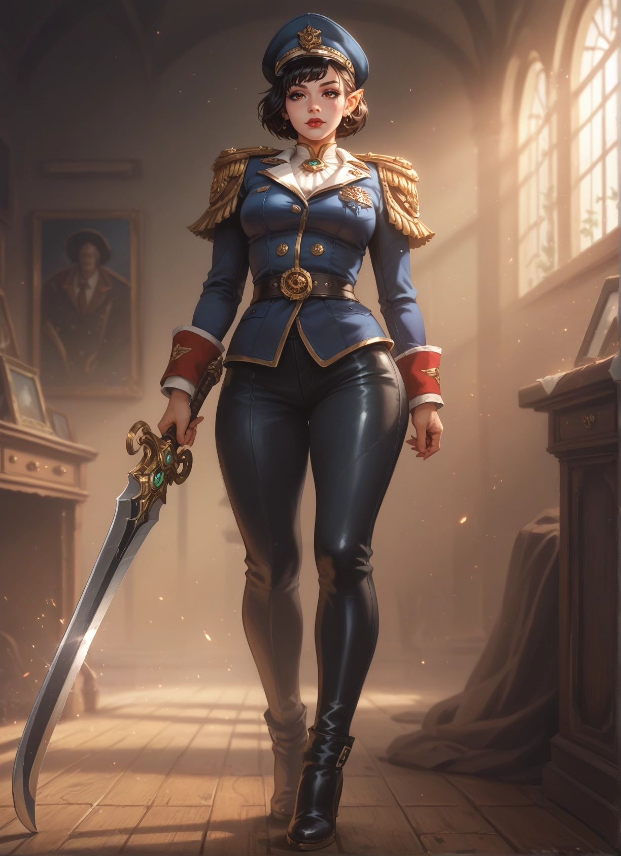 1girl, weapon, sword, hat, uniform, pointy ears · Yamete.gg