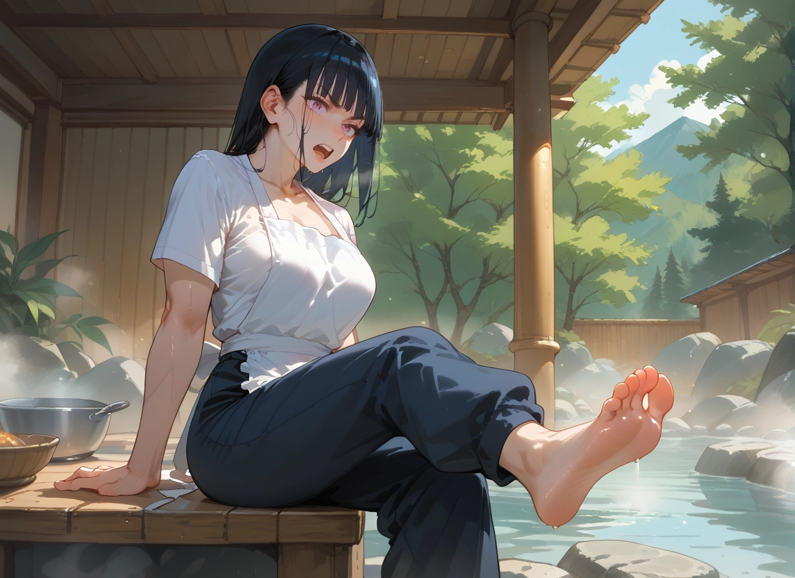 1girl, barefoot, feet, black hair, open mouth, soles · Yamete.gg