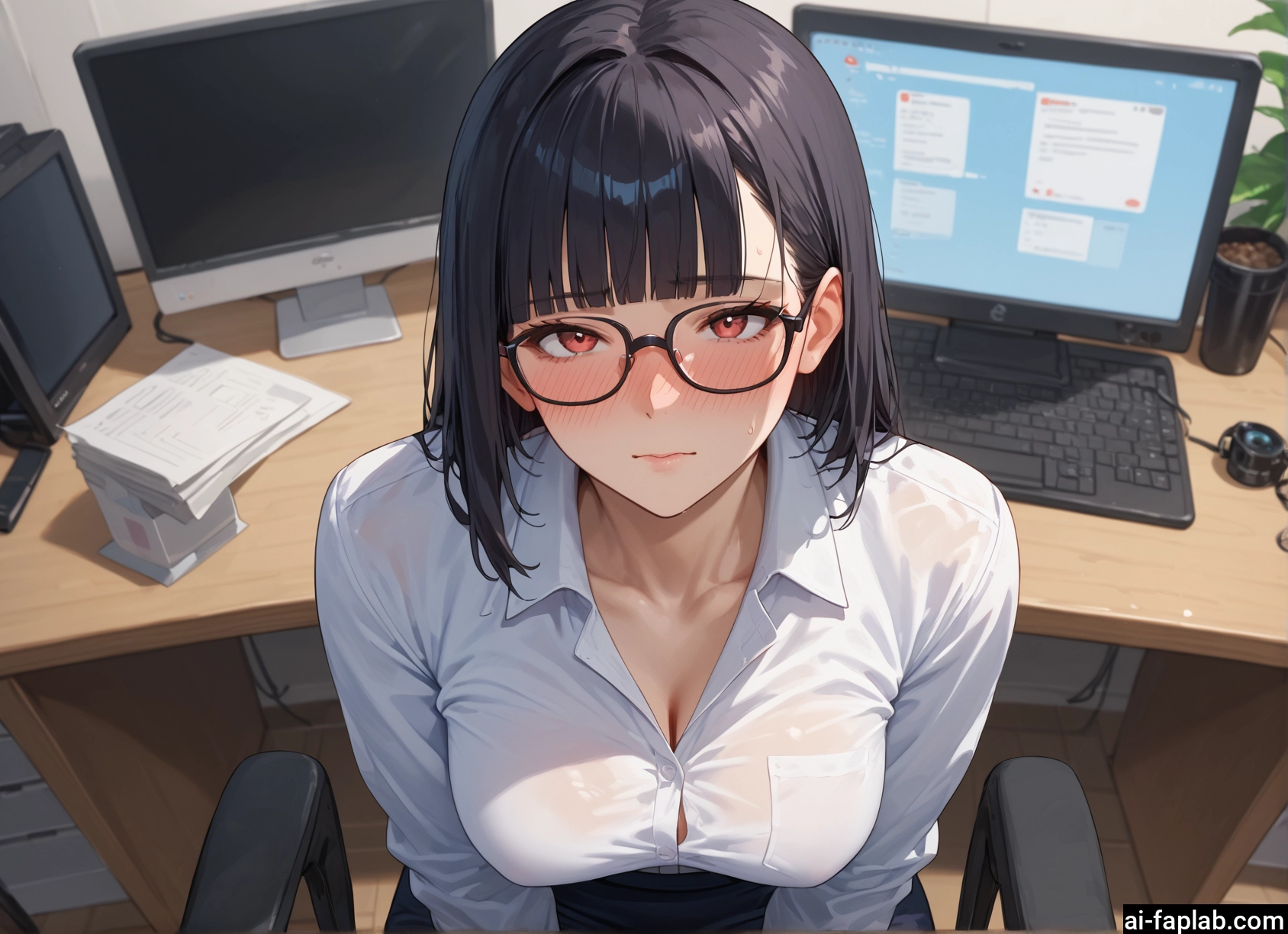 1girl, breasts, glasses, blush, shirt, cleavage · Yamete.gg