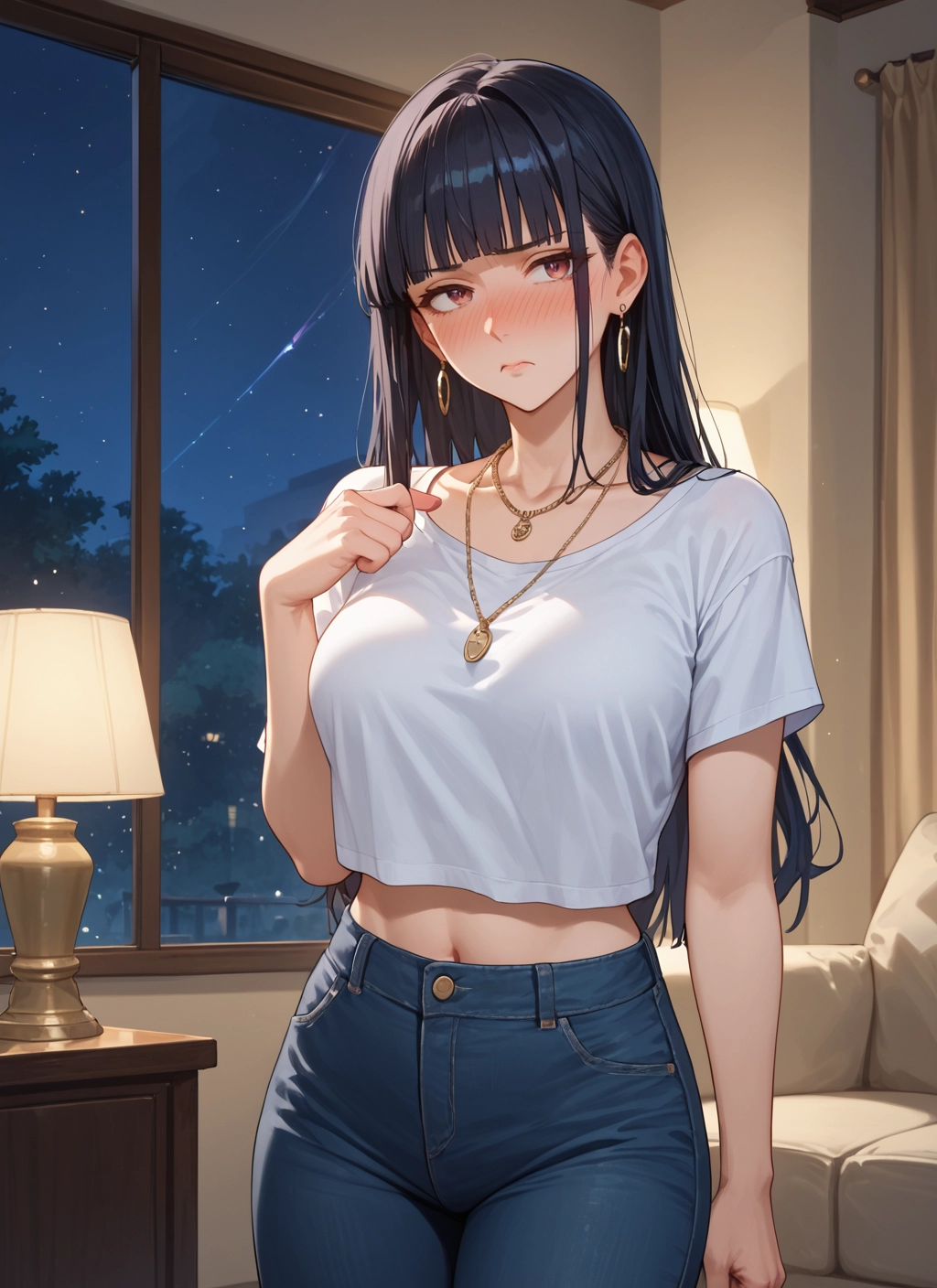 1girl, long hair, jewelry, earrings, solo, pants