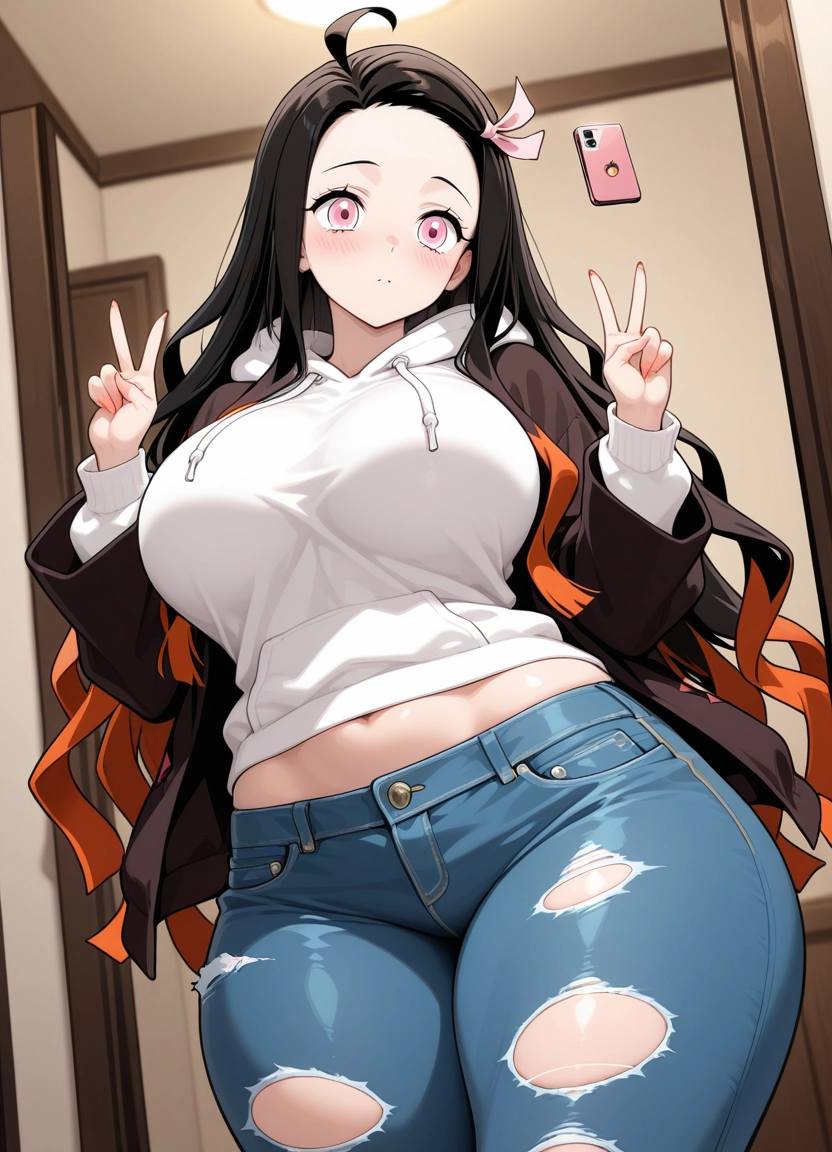 1girl, kamado nezuko, breasts, solo, long hair, denim
