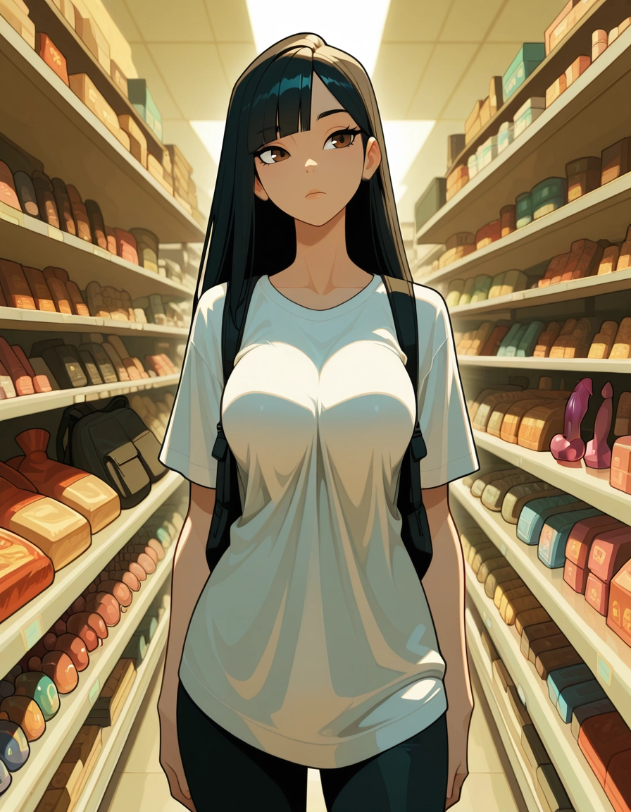 1girl, solo, shop, shirt, black hair, bag · Yamete.gg