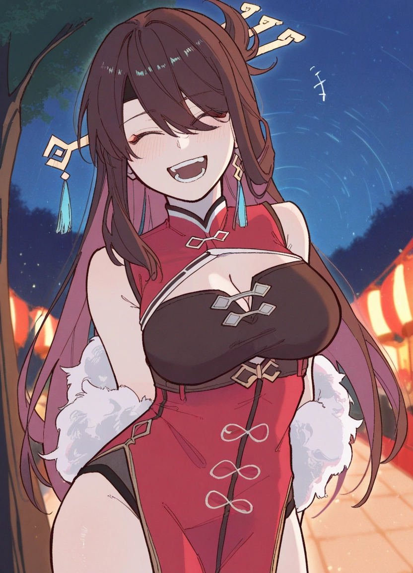 1girl, breasts, closed eyes, open mouth, dress, brown hair · Yamete.gg