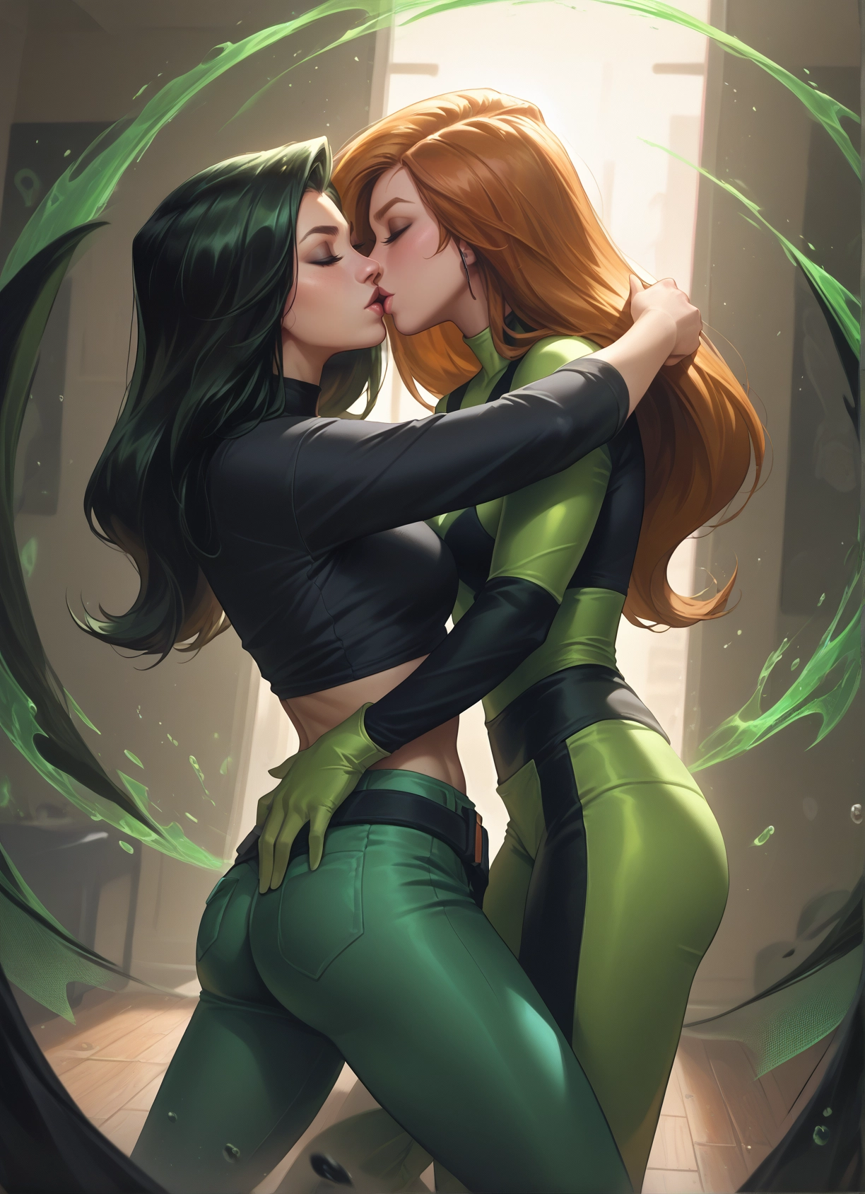 multiple girls, 2girls, yuri, kiss, closed eyes, ass · Yamete.gg