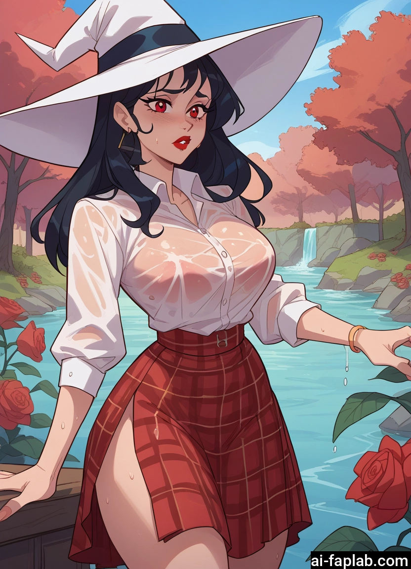 1girl, hat, skirt, jewelry, red eyes, wet