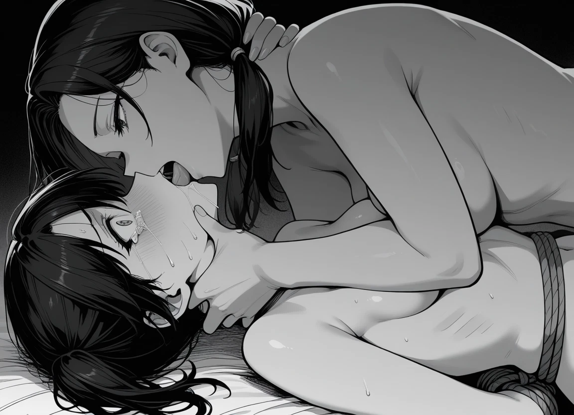 breasts, multiple girls, 2girls, monochrome, greyscale, yuri
