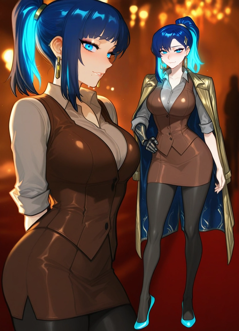 1girl, blue hair, brown vest, skirt, pantyhose, blue eyes · Yamete.gg