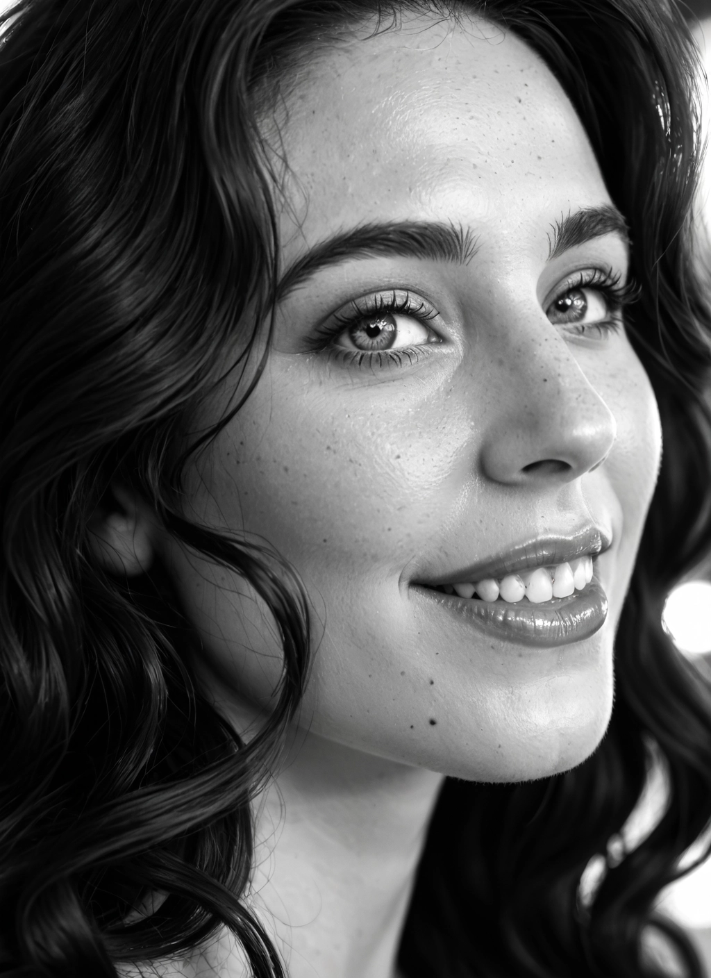1girl, monochrome, greyscale, solo, smile, freckles · Yamete.gg