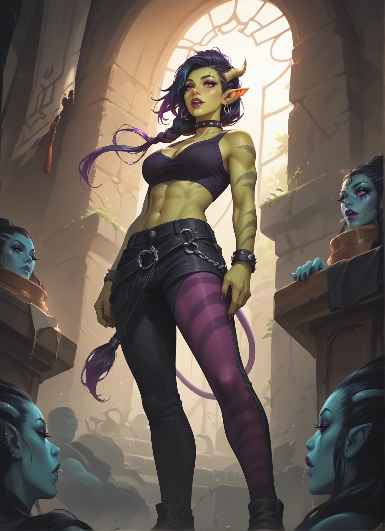 horns, jewelry, breasts, colored skin, pointy ears, tail · Yamete.gg