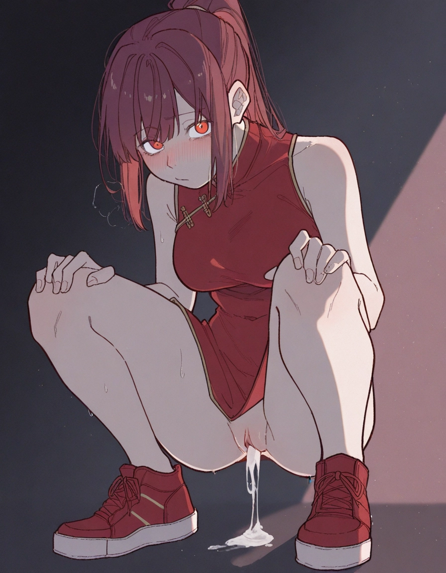 1girl, solo, cum, dress, chinese clothes, squatting · Yamete.gg