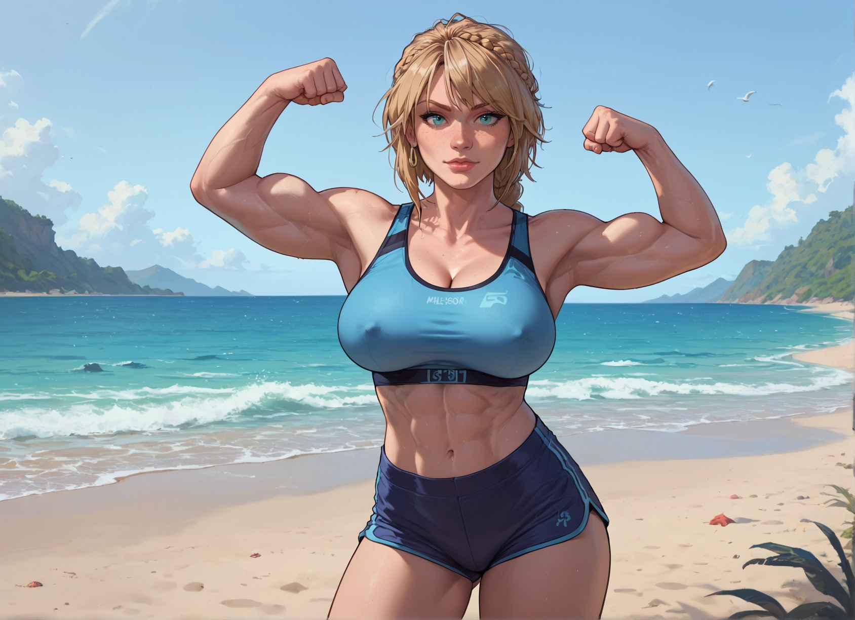 1girl, breasts, muscular, beach, muscular female, abs · Yamete.gg