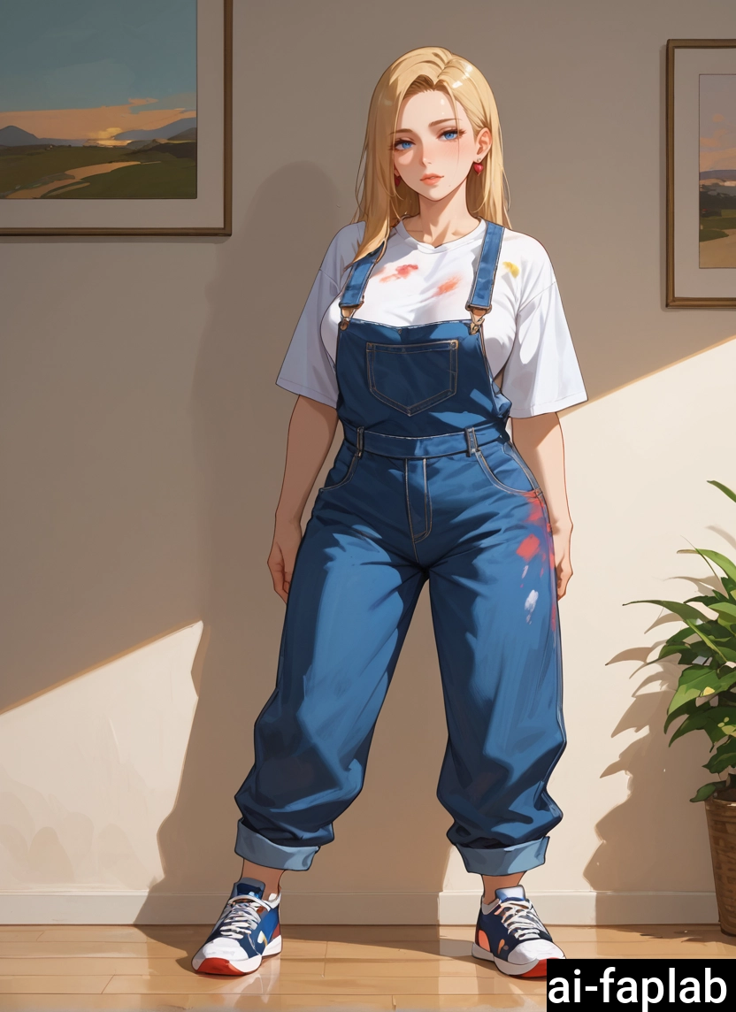 1girl, solo, blonde hair, blue eyes, shirt, sneakers