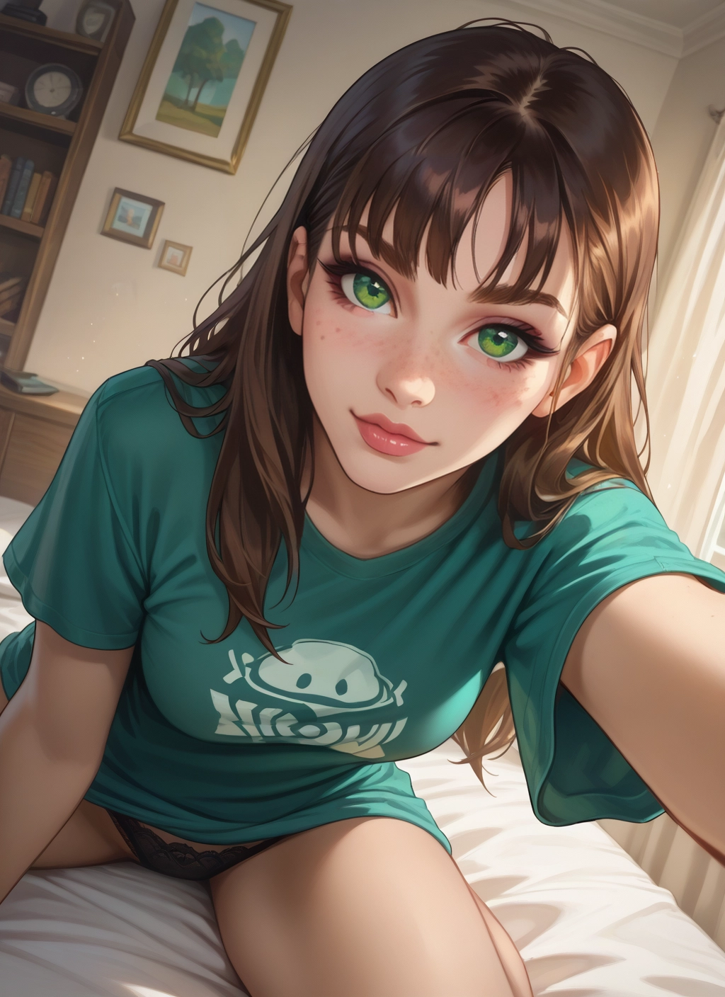 1girl, underwear, panties, green eyes, solo, brown hair · Yamete.gg