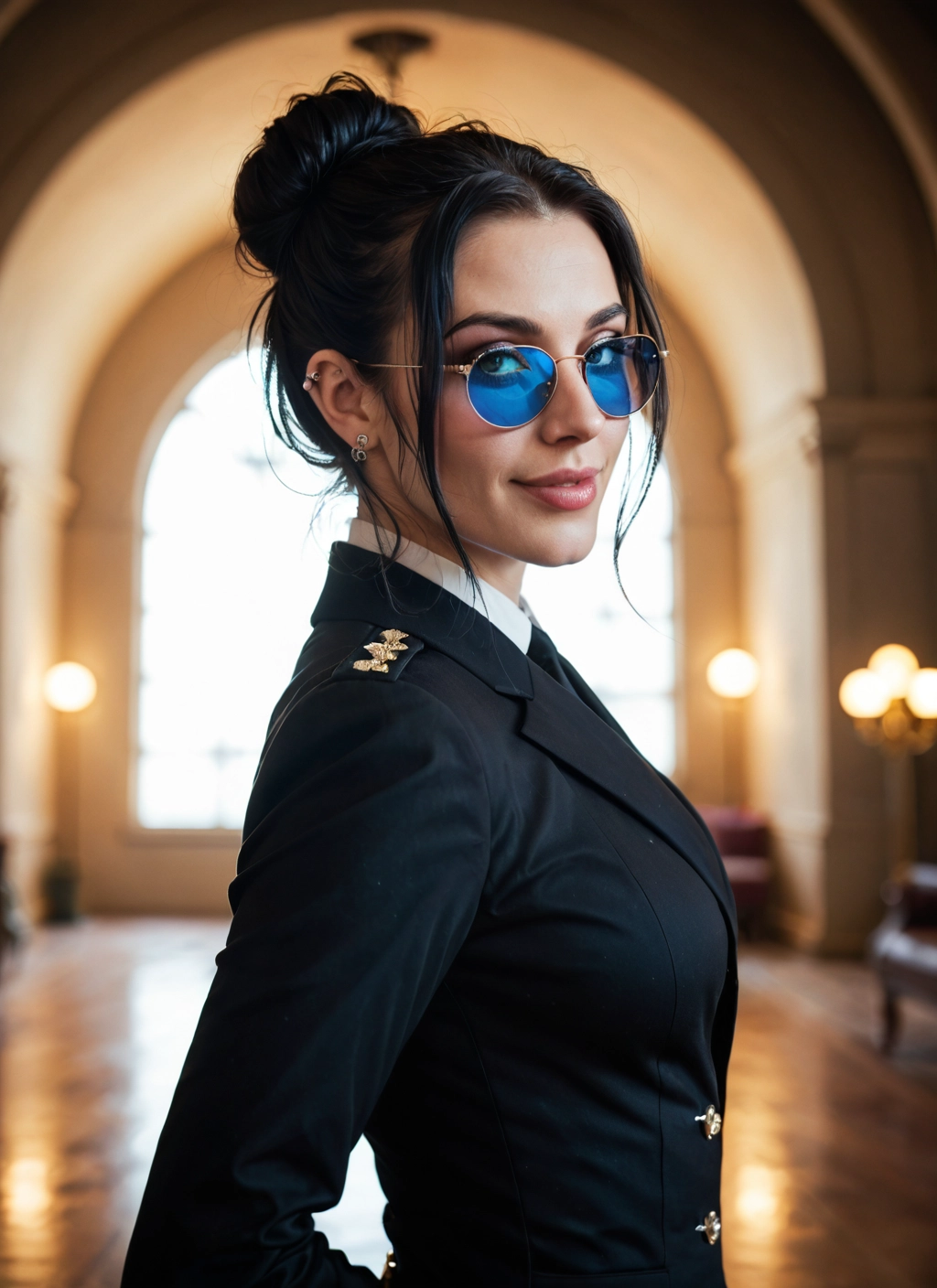 1girl, solo, jewelry, earrings, sunglasses, black hair · Yamete.gg