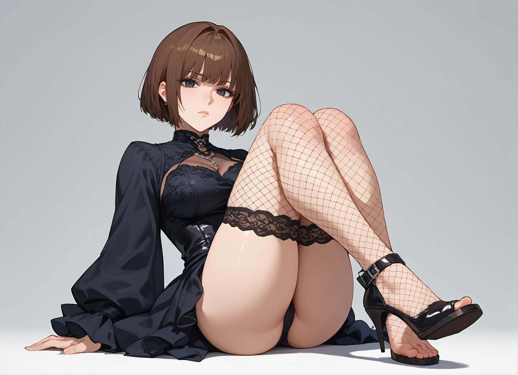 1girl, brown hair, fishnets, solo, short hair, breasts · Yamete.gg