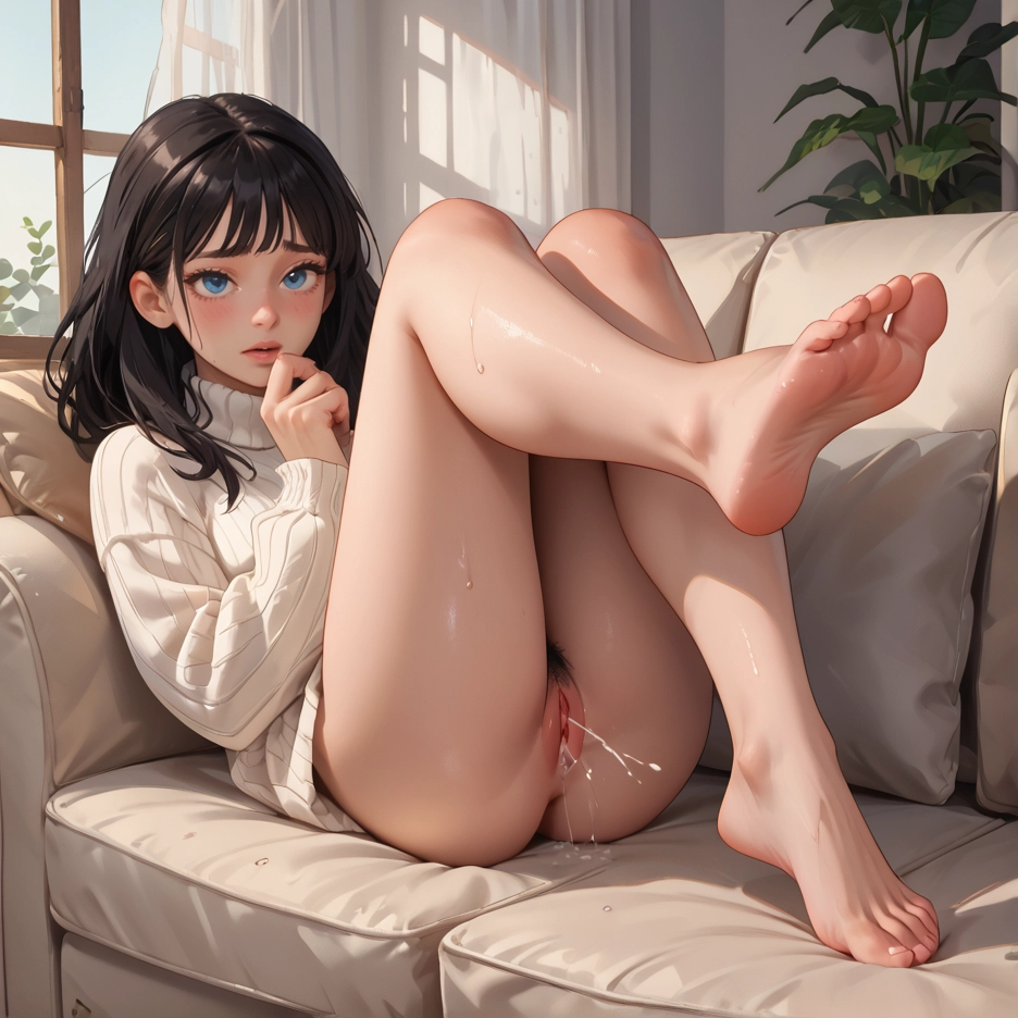 1girl, blue eyes, solo, feet, barefoot, pubic hair · Yamete.gg