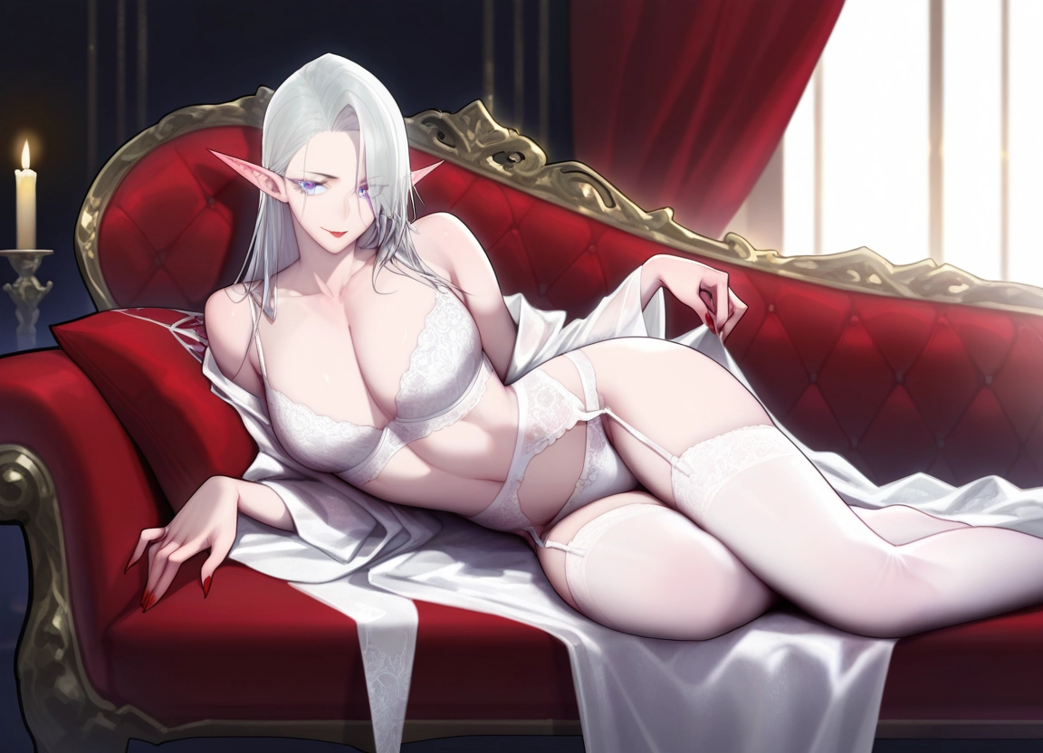 1girl, pointy ears, breasts, underwear, bra, panties · Yamete.gg