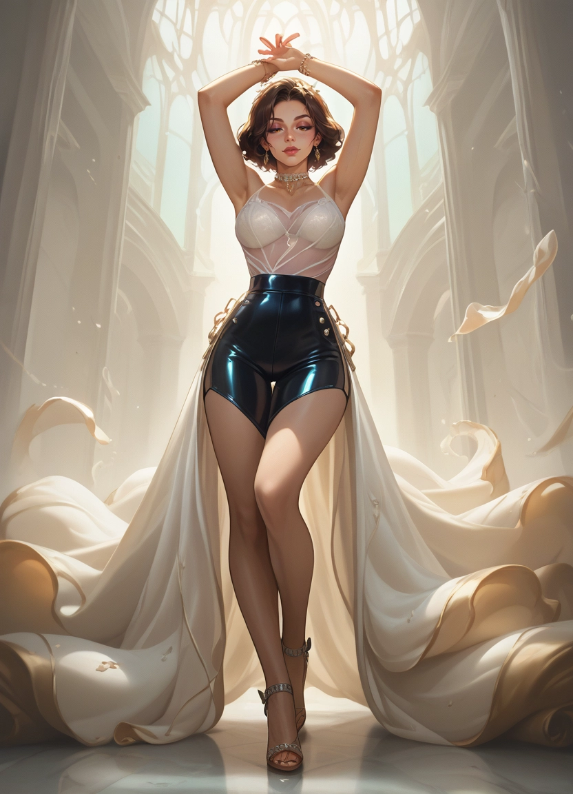 1girl, solo, jewelry, arms up, short hair, brown hair · Yamete.gg