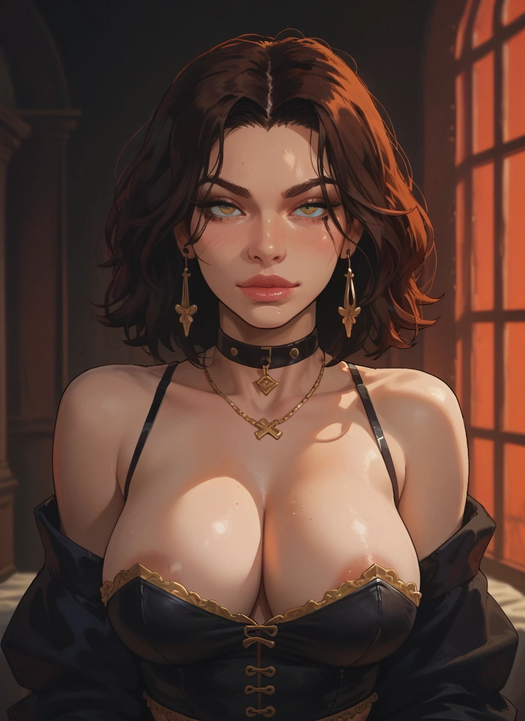 1girl, breasts, jewelry, earrings, solo, brown hair · Yamete.gg