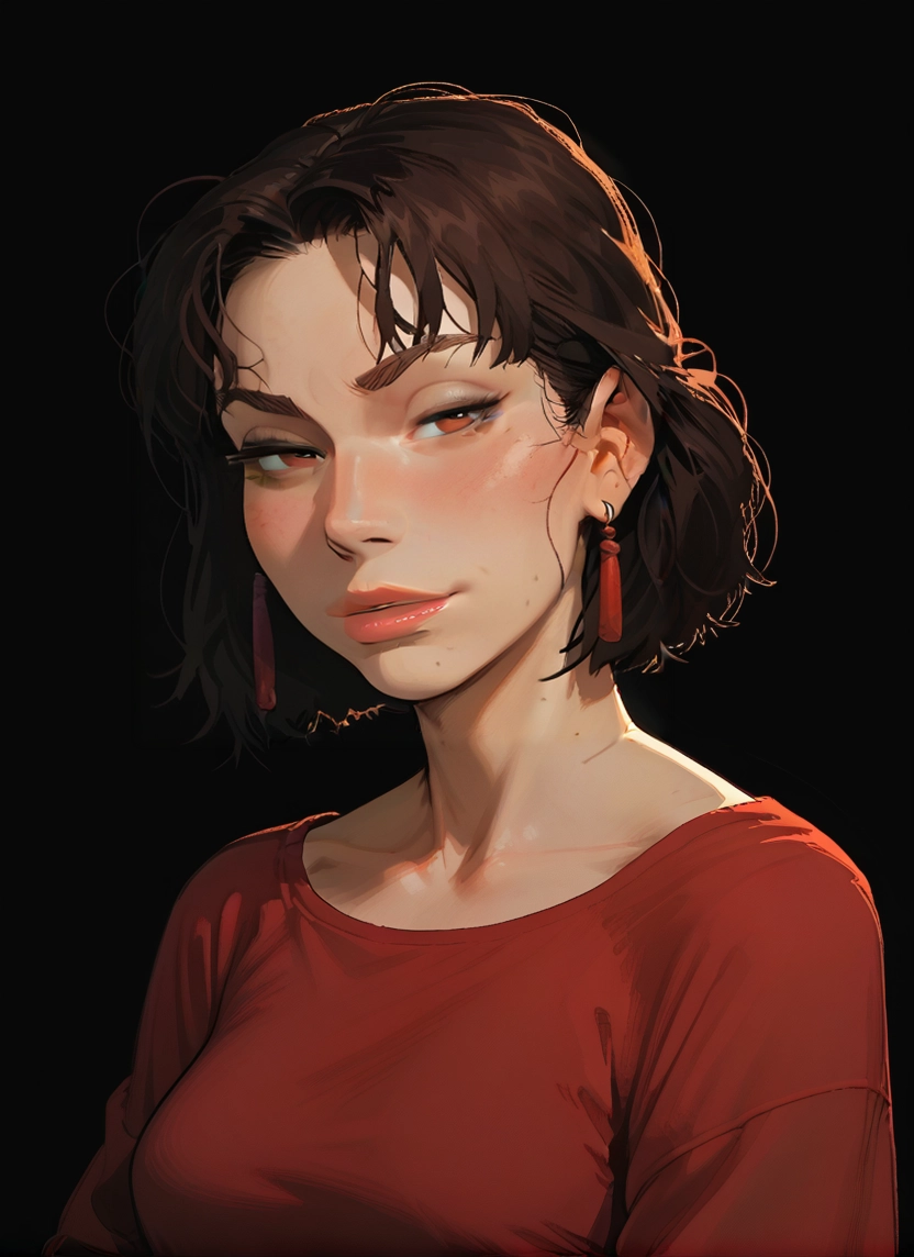 1girl, solo, jewelry, earrings, shirt, brown hair