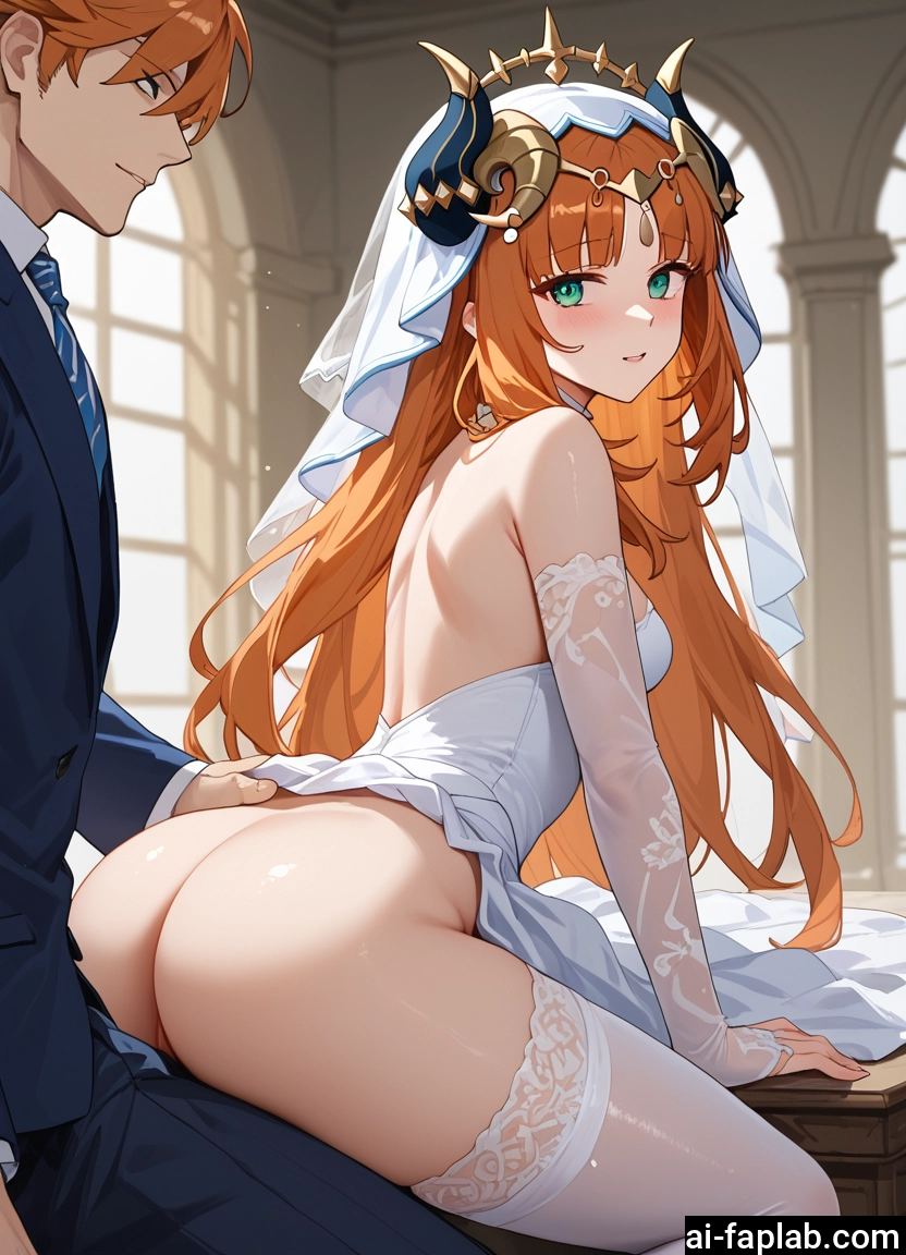 1girl, ass, 1boy, dress, thighhighs, orange hair