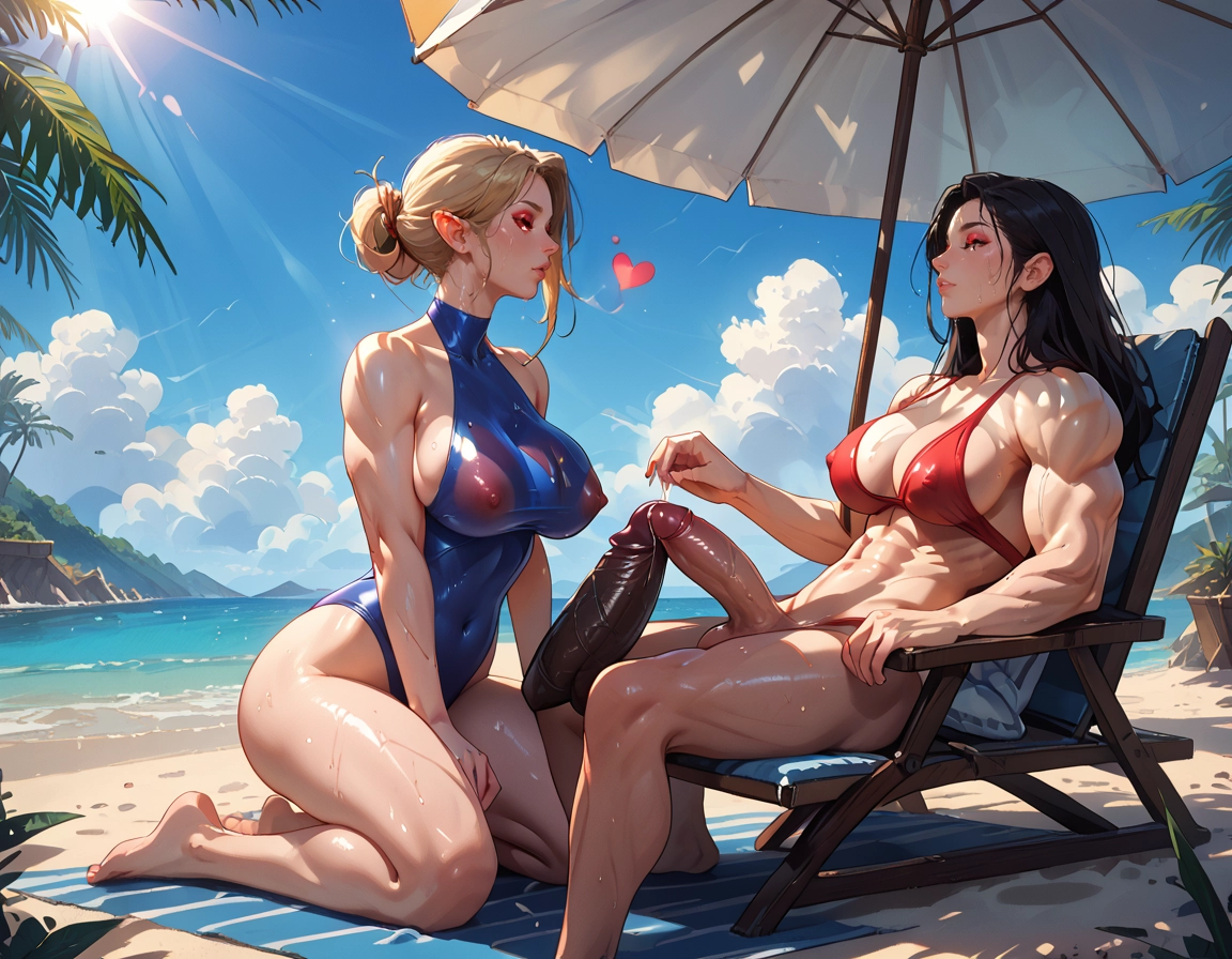 futanari, beach, multiple girls, swimsuit, outdoors, 2girls · Yamete.gg