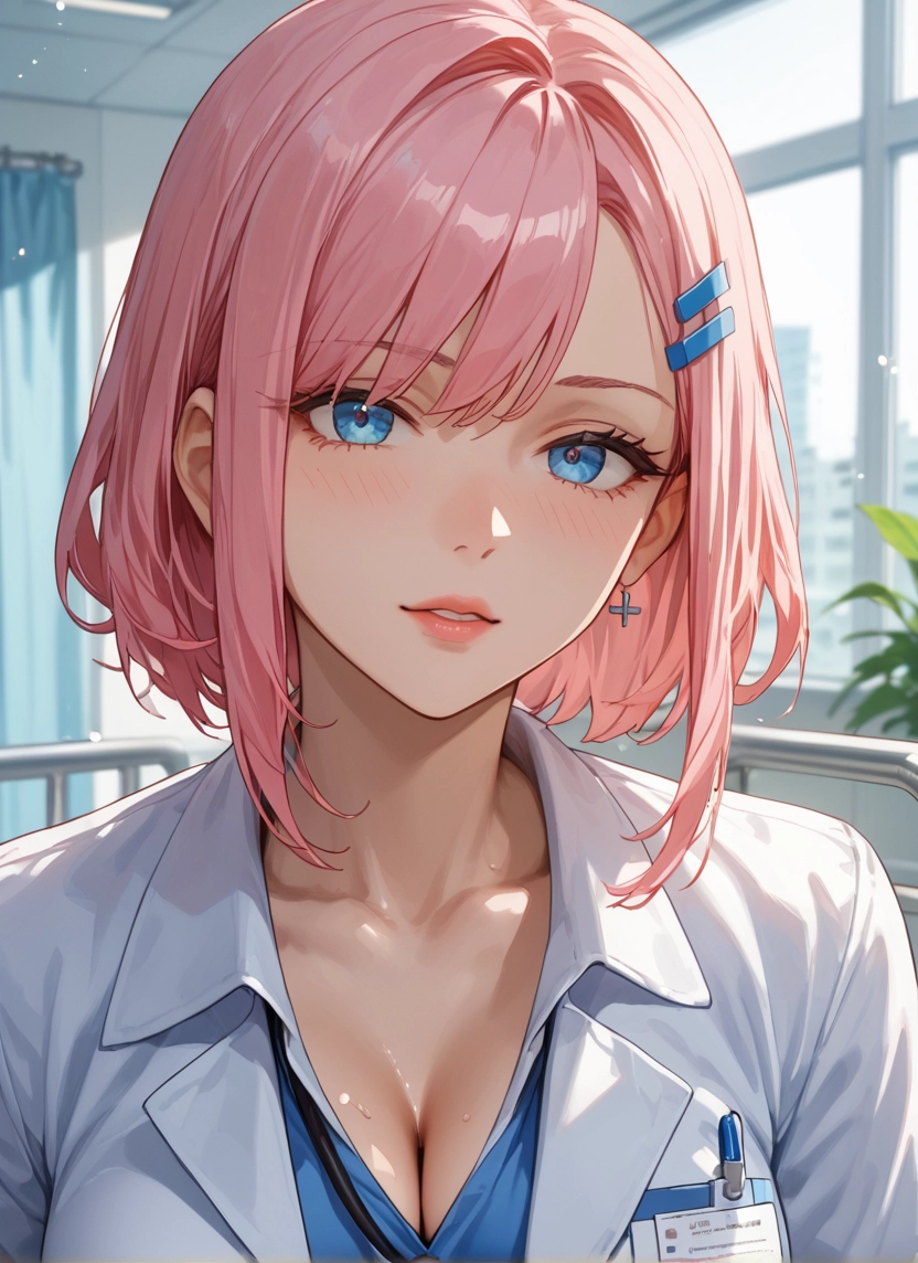 1girl, breasts, blue eyes, pink hair, cleavage, solo · Yamete.gg