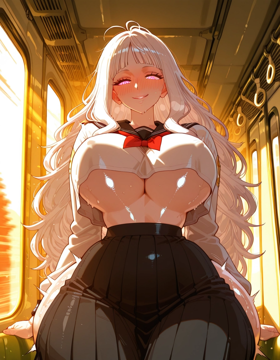 1girl, breasts, long hair, skirt, white hair, blush · Yamete.gg
