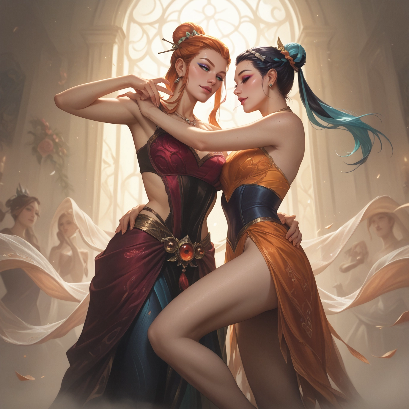 multiple girls, dress, jewelry, breasts, earrings, hair ornament · Yamete.gg