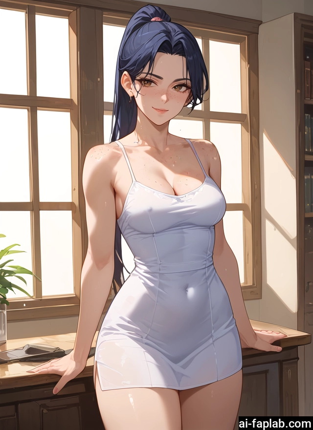 1girl, breasts, cleavage, solo, ponytail, long hair